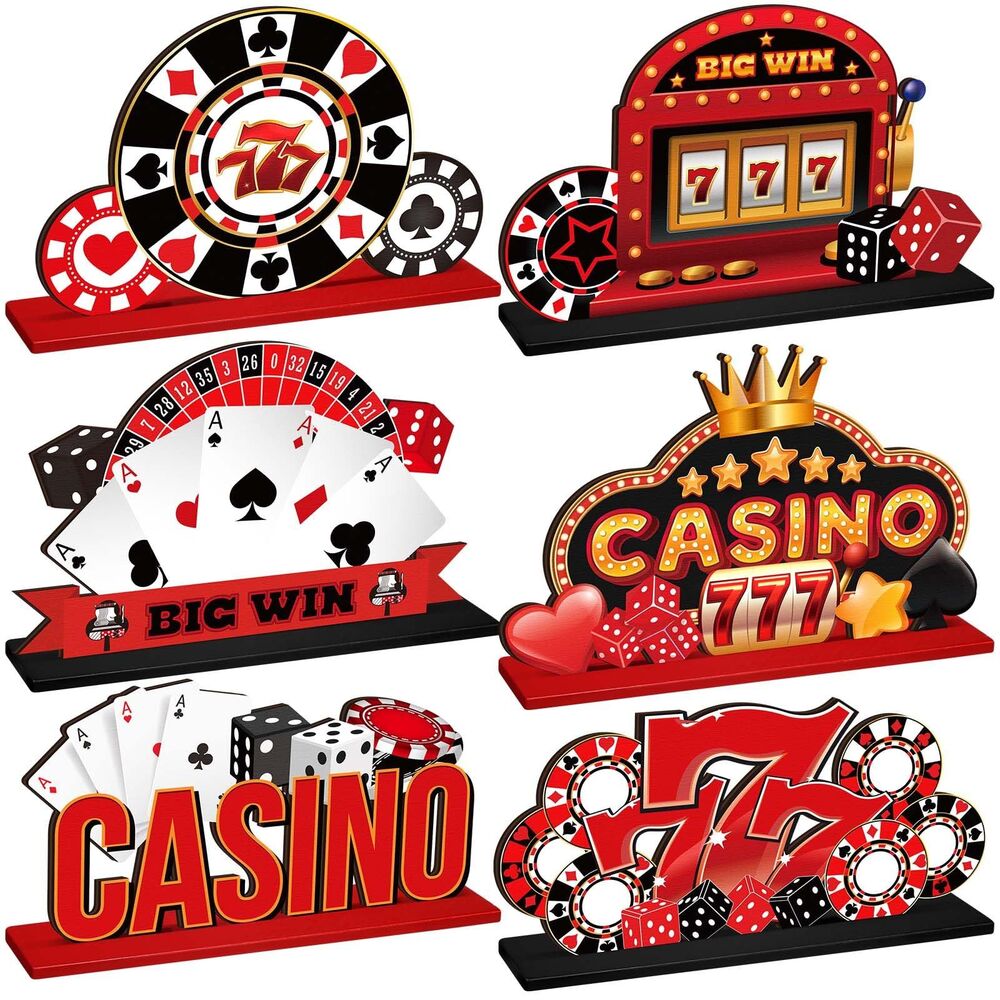 6 Pcs Casino Theme Table Wooden Centerpieces, Party Decorations Poker Chips